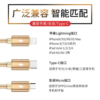充电器头三合一快充数据线套装双口USB插头适用华为苹果安卓手机