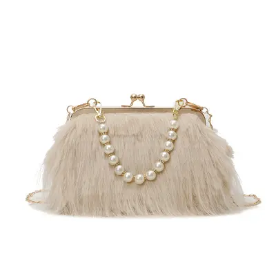Retro Plush Women's Bag, Pearl Chain, Small Square, Single Shoulder Strap - 6