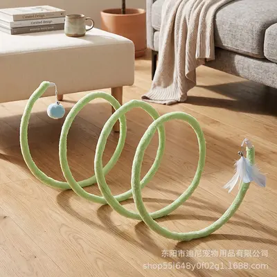 Foldable Plush Cat Tunnel with Feather Mouse Toy - 7