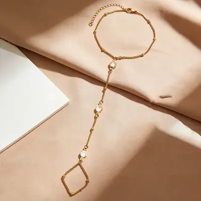 Women's Zircon Ring Connected Long Bracelet, Stainless Steel, Mini Beads