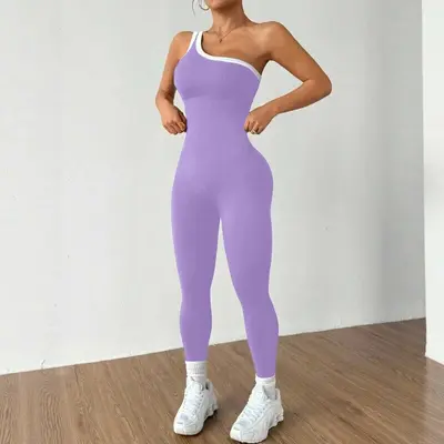 Kadın Tek Parça Yoga Tulumu Renk Bloklu Eğik Omuzlu Uzun Tayt Pilates Spor Kıyafeti - 12