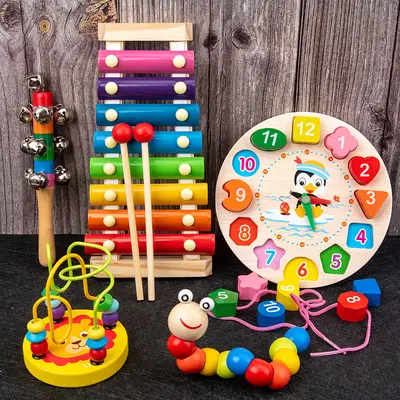 Holz-Lernbausteine für Babys mit Perlenlabyrinth-Xylophon - 5