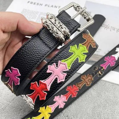 Chrome Hearts Sacred Sword Cross Belt for Men, Roller Hollow Design, Evergreen Style, Hanging Pattern Women's Belt, Celebrity Style, Perforated Heart Design.