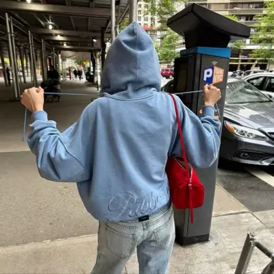 Damen-Kapuzensweatshirt, Retro-Blau mit Schriftzug, locker geschnitten