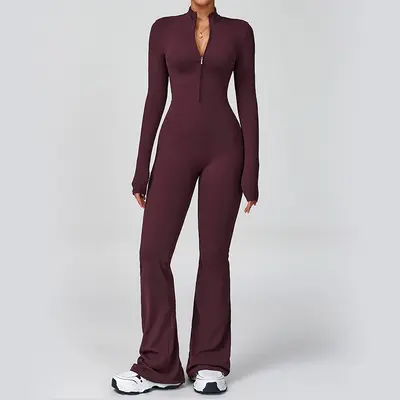 Zipper Long-Sleeve Yoga Jumpsuit, High-Intensity Fitness One-Piece Fitted Bodysuit - 10