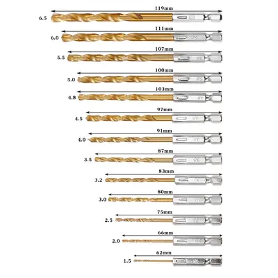 13-Piece Titanium-Coated Twist Drill Bit Set, 1.5-6.5 mm, Hex Shank