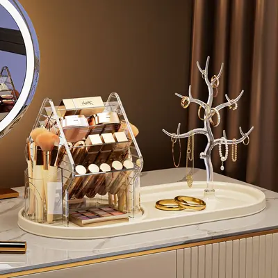 Luxury cosmetics storage box rotating compartments desktop organizer