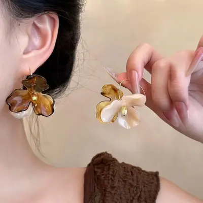 银针树脂虎眼石不对称耳环美拉德复古个性百搭耳钉轻奢高级感耳饰 - 4
