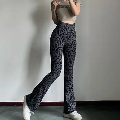 加长版豹纹瑜伽裤透气显腿长微喇裤高腰运动普拉提拖地长裤紧身