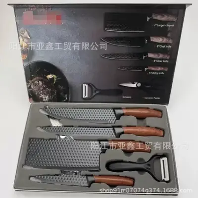 跨境刀具套装肥仔柄木纹披覆六件套厨房套刀带瓜刨彩盒装现货批发 - 11
