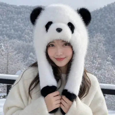 Kadın panda bere ve atkı 2'li set, kış, polar astarlı, rüzgar geçirmez - 3