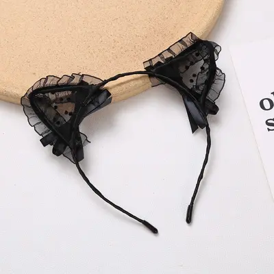 Cat Ear Headband with Lace Detail and Face Wash Band