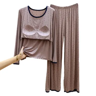 Modal Pajama Set with Polka Dots, Long Sleeve, Two-Piece with Built-in Bra