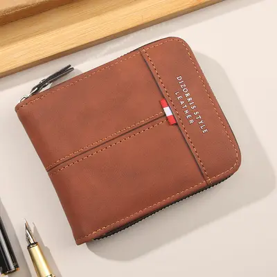 Men's Short Horizontal Tri-Fold Wallet with Zip Coin Pocket, Retro - 8
