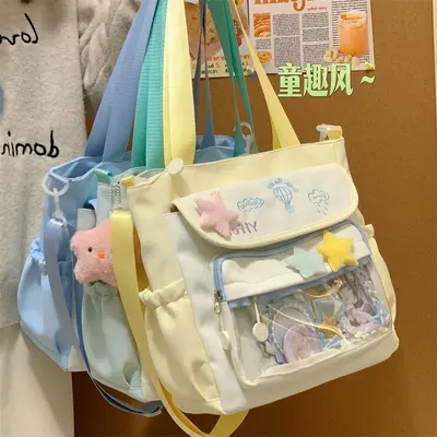 Tatlı işlemeli büyük kapasiteli tote çanta şeffaf çubuk darı ağrı çantası tek omuz öğrenci crossbody çanta kadın sevimli