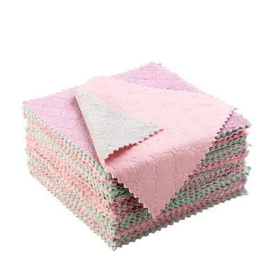 Coral velvet double-sided durable dishcloth, thickened magic traceless cleaning cloth, water wave scrubbing pad, kitchen supplies wholesale.