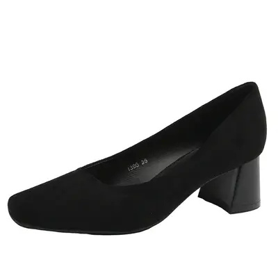 Women's Square Toe Chunky Heel Frosted Suede Retro Pumps - 7