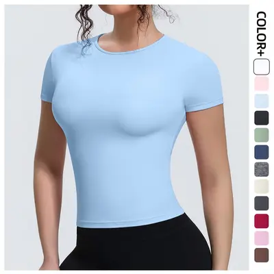 Grenzüberschreitender neuer Sports-T-Shirt mit nacktem Gefühl, Taillenraffinierung, figurbetonter Kurzarm, atmungsaktive Yoga-Trainingsober- und Lauftraining-Fitnessshirt für Damen