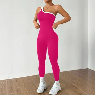 Kadın Tek Parça Yoga Tulumu Renk Bloklu Eğik Omuzlu Uzun Tayt Pilates Spor Kıyafeti - 11