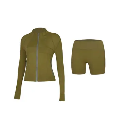 Women's yoga outfit set elastic top full zip long sleeve - 9