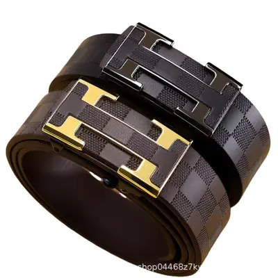 New Men's Leather Belt Business Waist Belt Checkered Pattern Toothless Automatic Buckle Casual Versatile Waist Belt