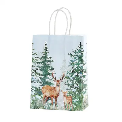 Kraft Paper Party Gift Bag Christmas Forest Print Tote