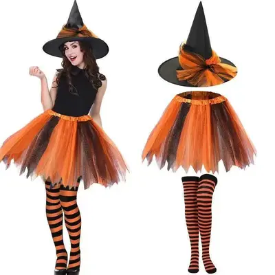 Halloween Witch Hat Set with Striped Stockings and Puffy Skirt - 11