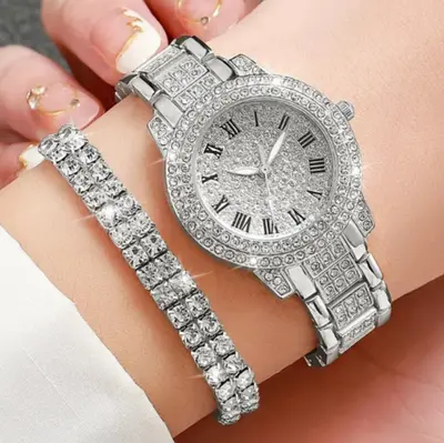 Trendy Best-Selling Roman Numeral Luxury Diamond-Studded Cuban Bracelet with Women's Watch Fashionable Hip-Hop Steel Watch - 12