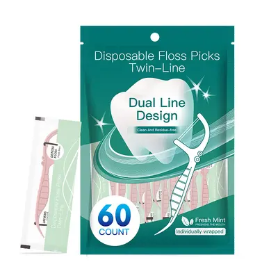 Mint-flavored dental floss picks, 60 pieces, dual-thread, individually packed - 7