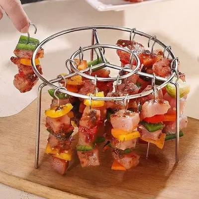 Heißluftfritteuse-Grillset, lebensmittelechter Edelstahl, runder Grillrost, Barbecue-Ablage, Spießhalter.