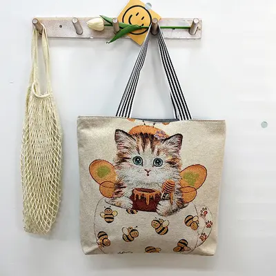 Gold Silk Fabric Women's Canvas Tote Bag with Creative Pattern - 8