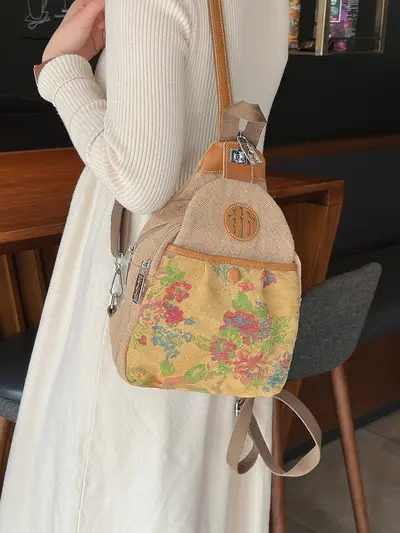 Oat Yellow Retro Cotton-Linen Backpack, Large Capacity - 1