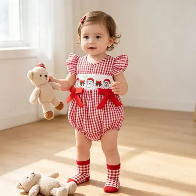 Newborn Christmas Romper with Plaid Pattern and Embroidered Bow - 1