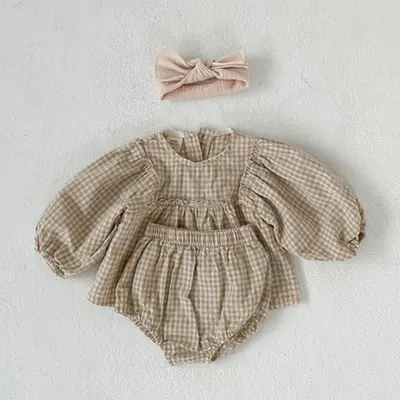 Korean-Style Baby Long-Sleeve Spring/Autumn Set with Plaid Puff-Sleeve Top