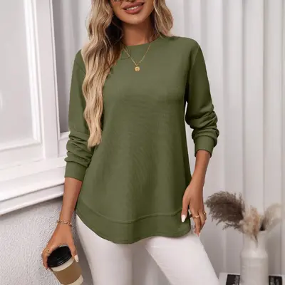 Damen-Waffel-Strick-Langarmshirt, locker geschnitten