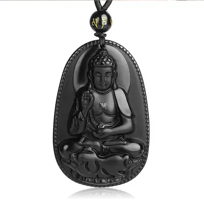 Natural Obsidian Buddha Necklace, Eight Guardian Angels, Zodiac