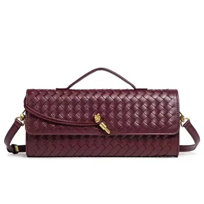 Single-Shoulder Baguette Bag, Woven Soft Leather Evening Bag - 8