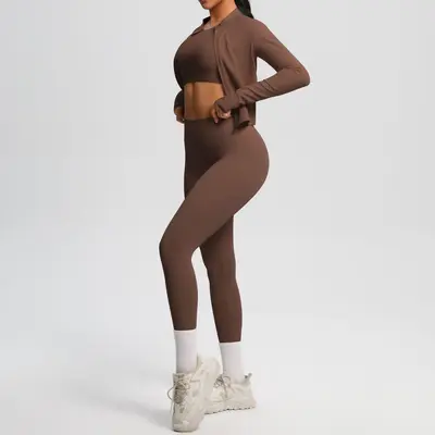 Solid Color Brushed Tight Fitness Jacket Three-Piece Set for Women - 5