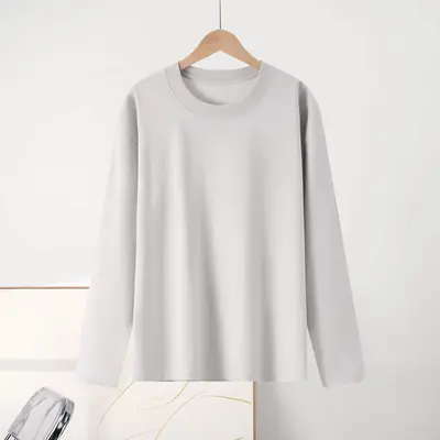Women's 230g simple inner-lined shirt autumn long sleeve pure cotton right shoulder men's t-shirt round neck solid color double outfit wholesale - 13