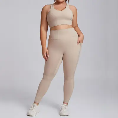 Nude-Feel Plus Size Yoga Set for Women, Two-Piece with Pockets - 8
