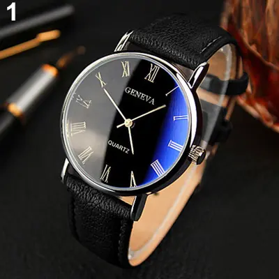 Korean fashion men's watch, alloy case, roman numerals, leather strap