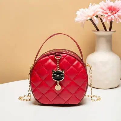 Diamond Quilted Mini Chain Women's Handbag, Small Round Bag - 10