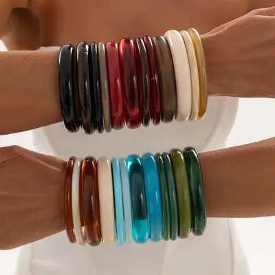 European and American Cross-border Fashion Color Gradient Resin Stacking Bracelets Vintage INS Style Arc-shaped Polished Closed Bangle Bracelets