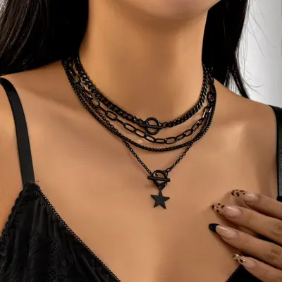 Mehrschichtige Halskette mit Herzanhänger für Damen, Schwarz, minimalistisches Design mit OT-Verschluss, modische elegante Halskette für Frauen, grenzüberschreitend - 9