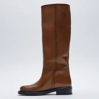 Women's Full Cowhide Knee-High Boots, Mid Heel, Round Toe, Plus Size - 8