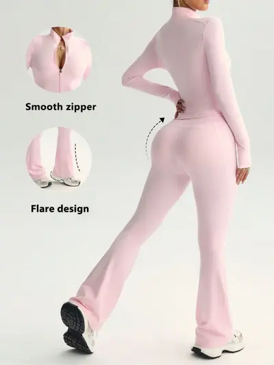 Zipper Long-Sleeve Jacket and Flare Pants Yoga Set, Nude-Feel Fitness Wear - 3