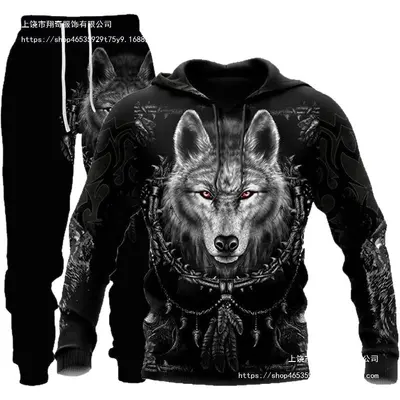 3D kurt baskılı kapüşonlu sweatshirt, erkek takım - 6