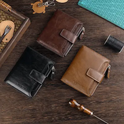 Men's Short Bifold Leather Wallet with Multiple Card Slots and Zipper - 4