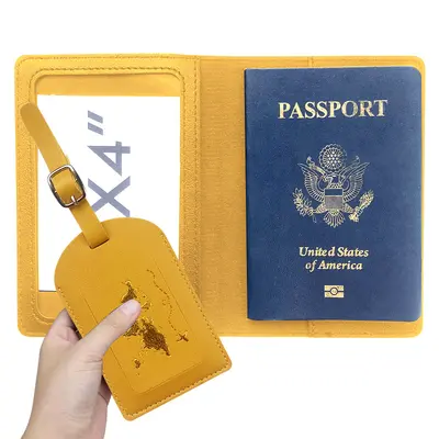 PU deri pasaport pasaport kılıfı özel LOGO harita sıcak damga Amazon bagaj etiketi pasaport tutucu seti