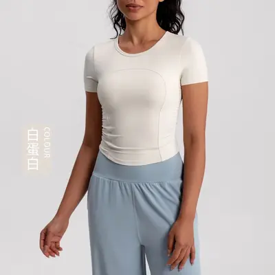 Athena lulu Summer New Yoga Wear Женская футболка с коротким рукавом и встроенными чашечками бюстгальтера, эффект «второй кожи», спортивный топ для бега и фитнеса - 6
